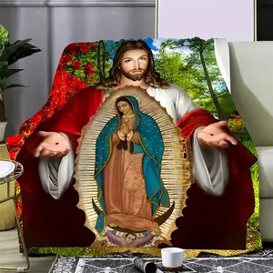 Luxury Flannel Blanket with Virgin of Guadalupe Floral Print, Hypoallergenic All-Season Throw for Sofa Bed Travel, Hand Washable Digital Print Multicolor Angel Lightweight Bedding, 280GSM Polyester Flannel Bedspread