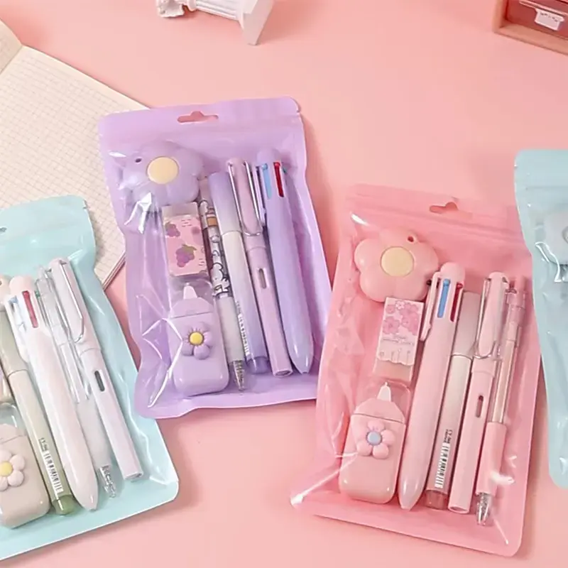 Cute Aesthetic Pastel Stationery Set for Girls, Kawaii Flower School Supplies Kit with Multi Color Pens, Mini Eraser, Pencil Sharpener, Cutter, Back to School Teen Girl Gift, Office Desk Writing Kit