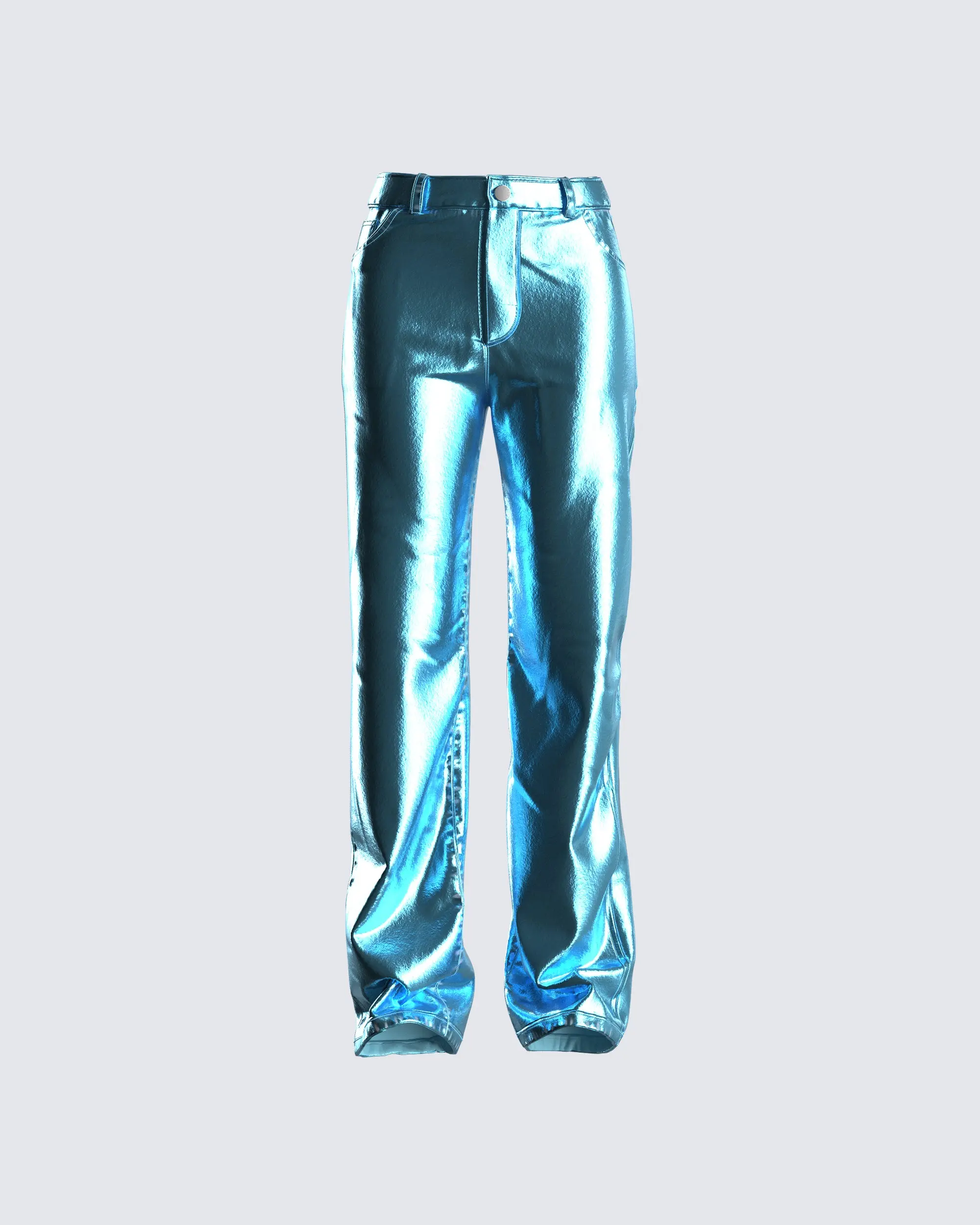 Women's Metallic Blue Pants, Chic High-Rise Straight-Leg Evening Trousers with a Light-Catching Finish and Front Zipper, Chic Pants, Bottom, Night Wear, Metallic Shine, Spandex, Sparkly Pants