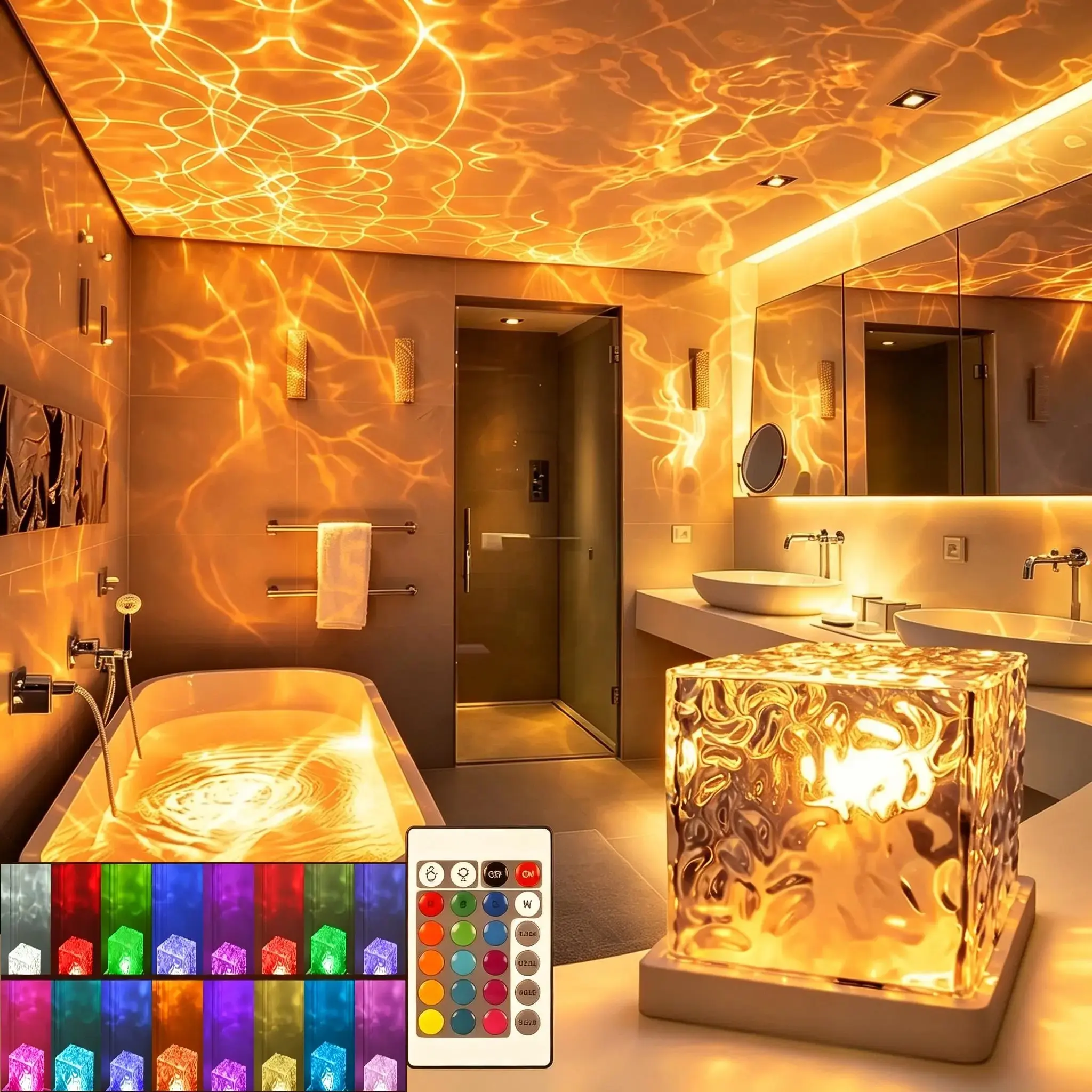 Rechargeable Ocean Wave Projector Light, 16 Color Changing Cordless Water Ripple Night Lamp, IP67 Waterproof Shower Light with Remote & Dimmable Function, Ideal for Bathroom, Bedroom, Party & Spa Decor