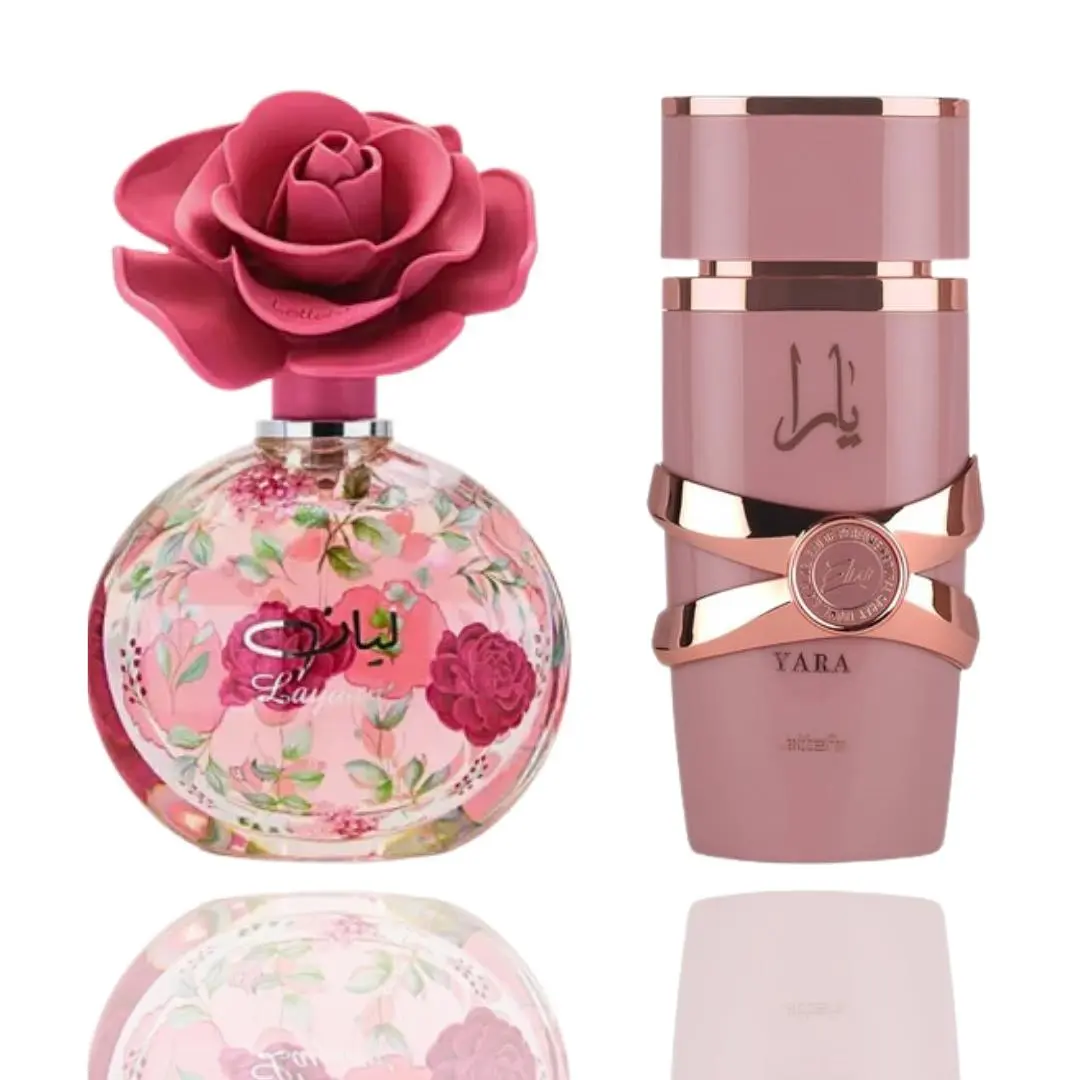 Lattafa Women's Fragrance 2-Pieces Bundle - YARA ELIXIR and Layaan, Fresh and Playful Scents for Contrasting Moods, Day-Night Use, Floral Sweet Amber, Perfumes For Women