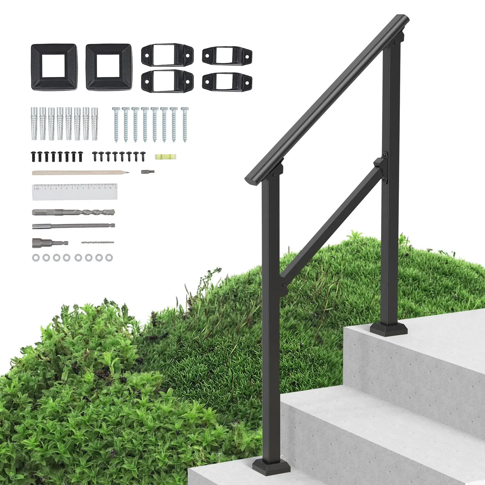 【summerfinds】VEVOR Handrails for Outdoor Steps, 2-3 Step Stair Hand Rail Kit, Transitional Carbon Steel Railings with Installation Kit, Stair Rails for Seniors, Concrete Steps & Porch & Deck, Black Square Tube