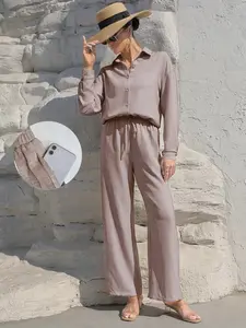 Women's Loose-Fit Blouse & Wide-Leg Pants Set, Modest Style, Thin Woven Fabric, All-Season Wear, Regular Length Top, Pocket Detail