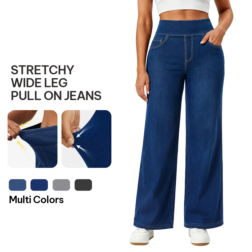 AVAMO Stretchy Jeans with Pockets Trendy Baggy Y2K Style Pull on High Waisted Trendy Jean for Women Wide Leg Plus Size Denim Pants Sweatpant Jeans Trousers Elastic Mother Jeans Outfits Womenswear, Bottoms, Streetwear, Minimalist #SpringGlowUp Wideleg