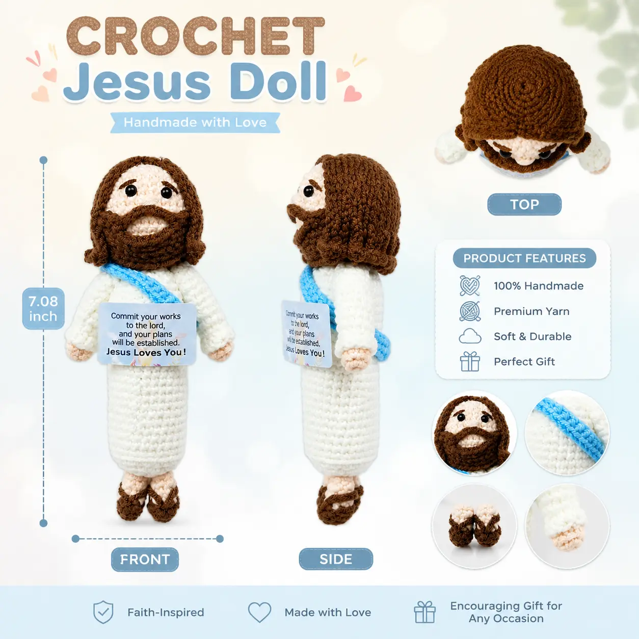 Handmade Amigurumi Crochet Jesus Bear Doll - Religious Stuffed Teddy for Christian Baptism Gift, Soft Knitted Plush Toy for Spiritual Home Desk Decor, Stuffed Animal Gifts, Religious Stuffed Doll