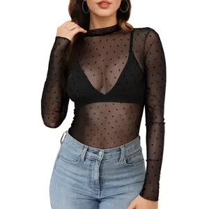 Lady's Basic Sexy Long-Sleeve Mesh Blouse - Stand Collar, Polka Dot, Lace Sheer, Black Fishnet Shirt
