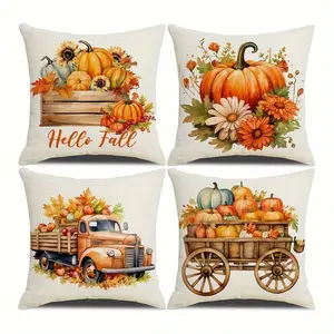 Vintage Fall Pumpkin & Truck Pillow Covers Set, 4-Piece Sofa Cushion Cases, Single-Sided Print, Perfect for Living Room Decor