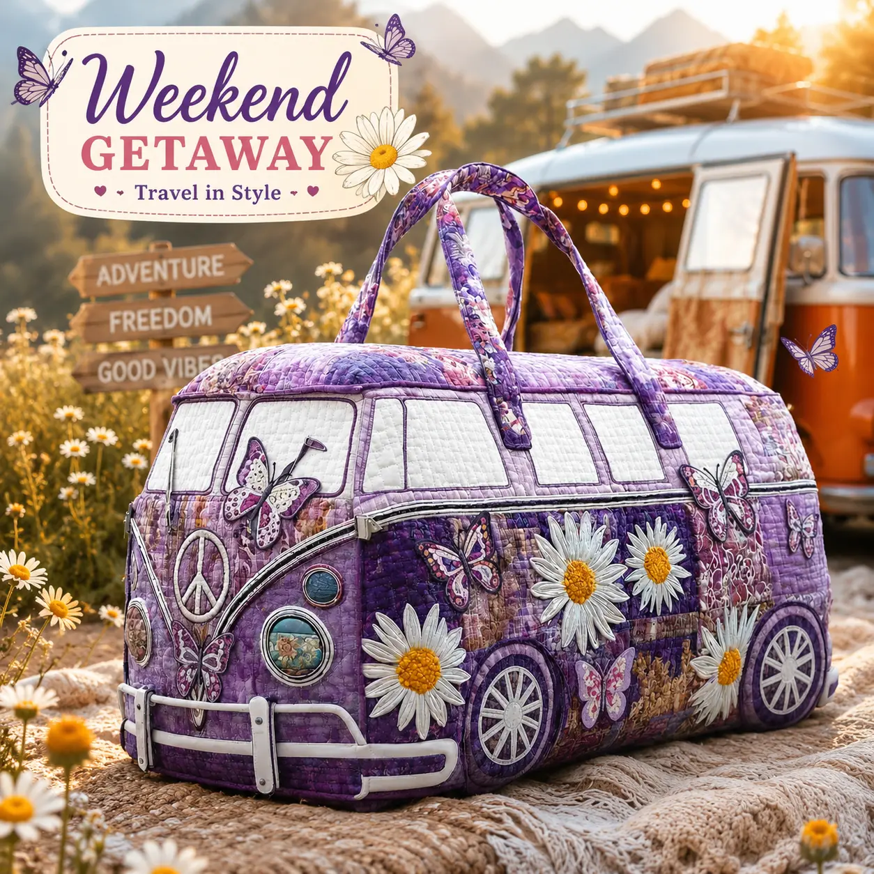 Purple Butterfly Daisy Quilted Duffel Bag for Women, Retro Hippie Van Weekender Travel Bag, Large Capacity Overnight Tote, Boho Floral Gym Bag for Camping, Road Trips, Vacation & Weekend Getaways