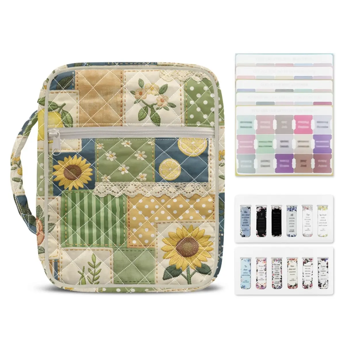 Floral Quilted Bible Case ,Large Capacity Storage Bag ,Bible Cover Bag for Women, Aesthetic Sunflower Patchwork Organizer With Handle for Bible Study, Journaling & Home Office, Includes Bible Tabs and Bookmarks christian easter gift