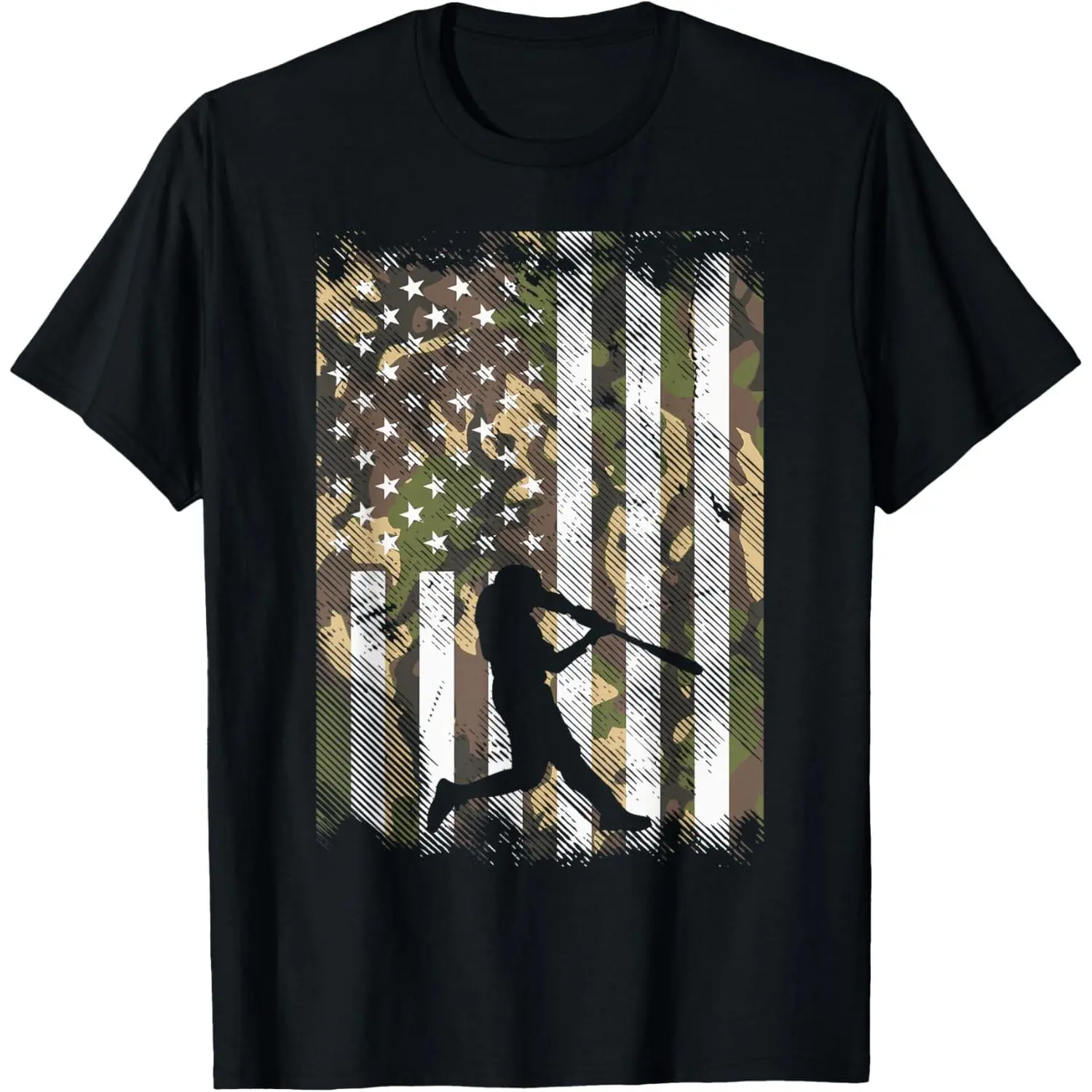 Men's Camo Flag Baseball Player Vintage Patriotic Graphic Fashion Tee - Retro Double-Sided Water Wash Metalcore Design