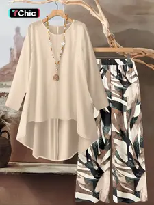 Women's round neck Fitted irregular print Woven fabric long-sleeved top and elastic waist solid color wide-leg pants two-piece set outfit, suitable for Beach, seaside vacations, lazy time, daily outings, holidays, home, casual wear, Womenswear