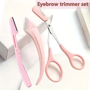 【FaddishDeal】3PCS Eyebrow trimmer set, Comb, non-slip eyebrow set, small eyebrow razor, female eyebrow trimmer set, pink.