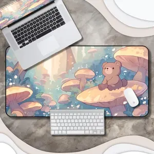 Teddy Bear Mushroom Desk Mat - Artisan Mousepad for Workspace & Gaming - Anime Lofi Vibe for Cozy Desk Decor - Blue Mousepad