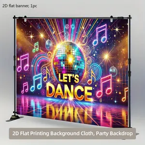 2D planar design, single piece  "Let's Dance" neon light dance floor theme background banner - Vibrant 70s and 80s party decorations, including disco balls, sheet music and stars, polyester fabric wwx