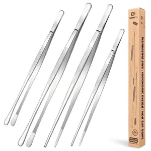 4 Pcs Fine Long Tweezer Tongs Professional Black Set,12'' and 10'' Stainless Steel for Kitchen Utensils , Food, Cooking, Repairing, Sea food and BBQ