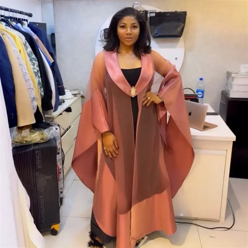 Women's 2-Piece Satin Pants Set with Flowing Cape Top | Soft & Elegant Wide-Leg Statement Outfit for Formal Evening Wear, Comfortable, Clothes, Flowing Open-Front Cape, Long, Smooth, Lightweight, Fabric, Rose, Sleeveless