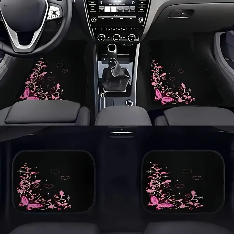 4-Piece GM front and rear Automotive floor mats | All-weather carpets for cars, SUVs and trucks, durable polyester to protect car interior, simple pink floral pattern, ideal gift for both men and women, Car Accessory