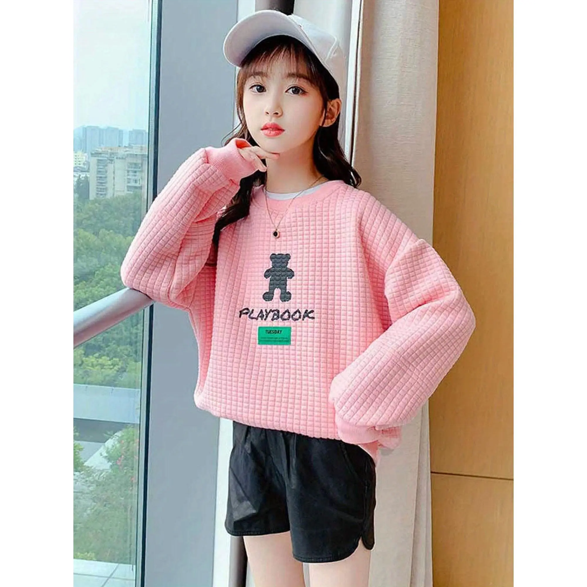 Girls' Soft Cotton Plaid Bear Graphic Knit Sweater - Long Sleeve Shirt, Round Neck, Slim-Fit, Pastel Pink & Blue, Easy-Care Knitwear, 4-5y/5-6y, Back to School Casual Pullover, Cozy Layering Piece, Pull-On (No Pockets)