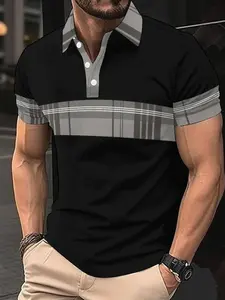 Men's Regular Fit Plaid Trim Polo Shirt, Casual Colorblock Short Sleeve Collared Top for Summer, Fashion Men's Clothes for Daily Wear