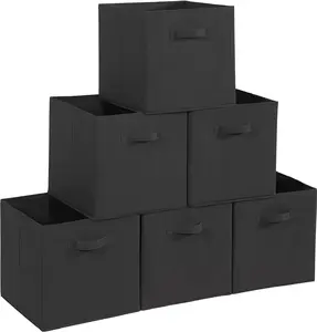 11x11 Storage Bins, Set of 6 Storage Cubes. Collapsible Cube Storage Bins, Fabric Closet Organizers with Handles for Home, Office, Closet Shelf Cabinet, Bookcase, Black, fabric storage, clothes storage