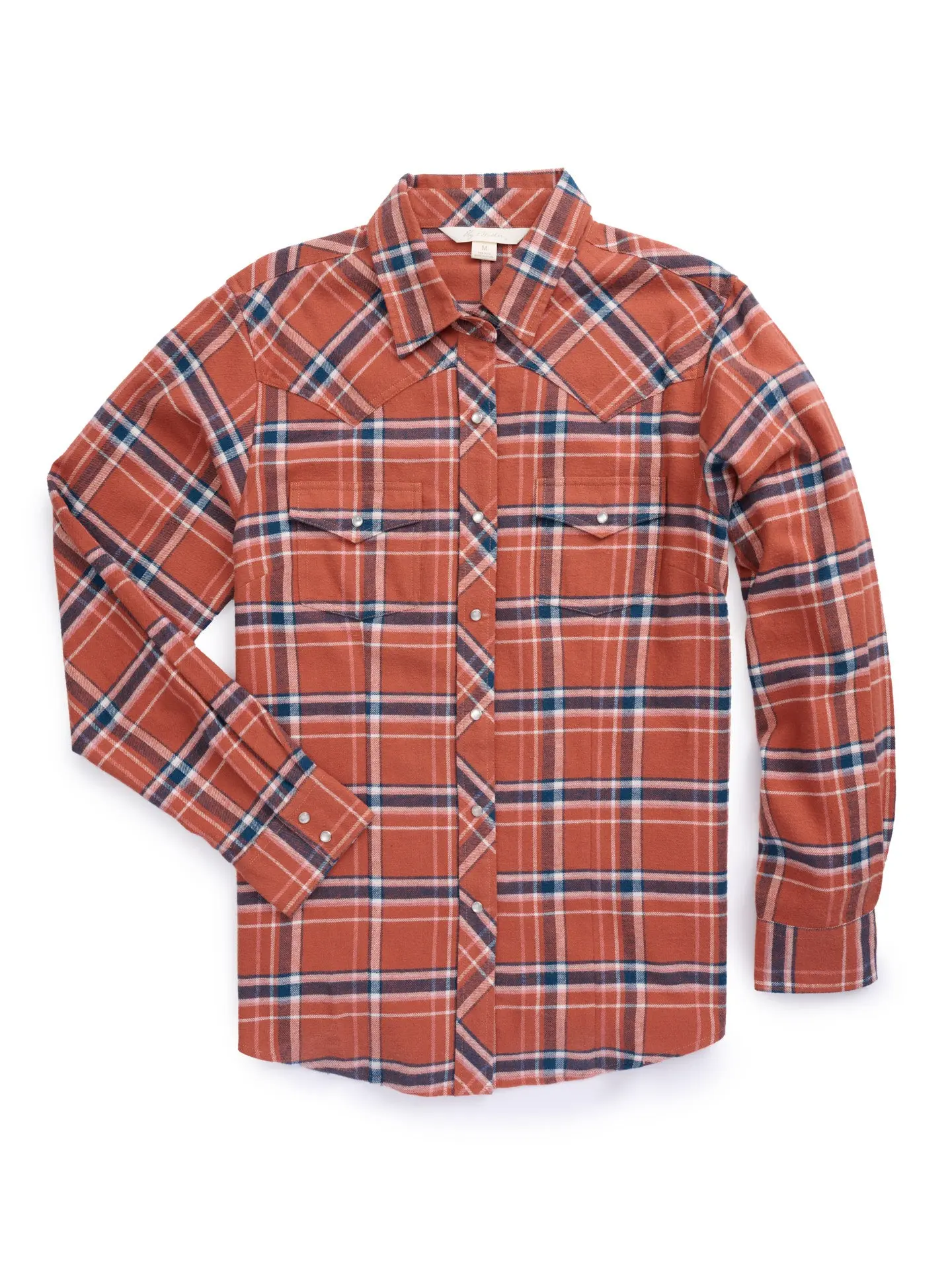 Women's Ely Walker Rust Plaid Cotton Flannel Western Snap Blouse - Casual Top with Pockets