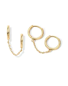 PAVOI 14K Gold Chain Earrings for Women | Double Piercing Dangle Chain Huggie Hoop Earrings | Cubic Zirconia Single Stud Ear Cuff Earrings for Women