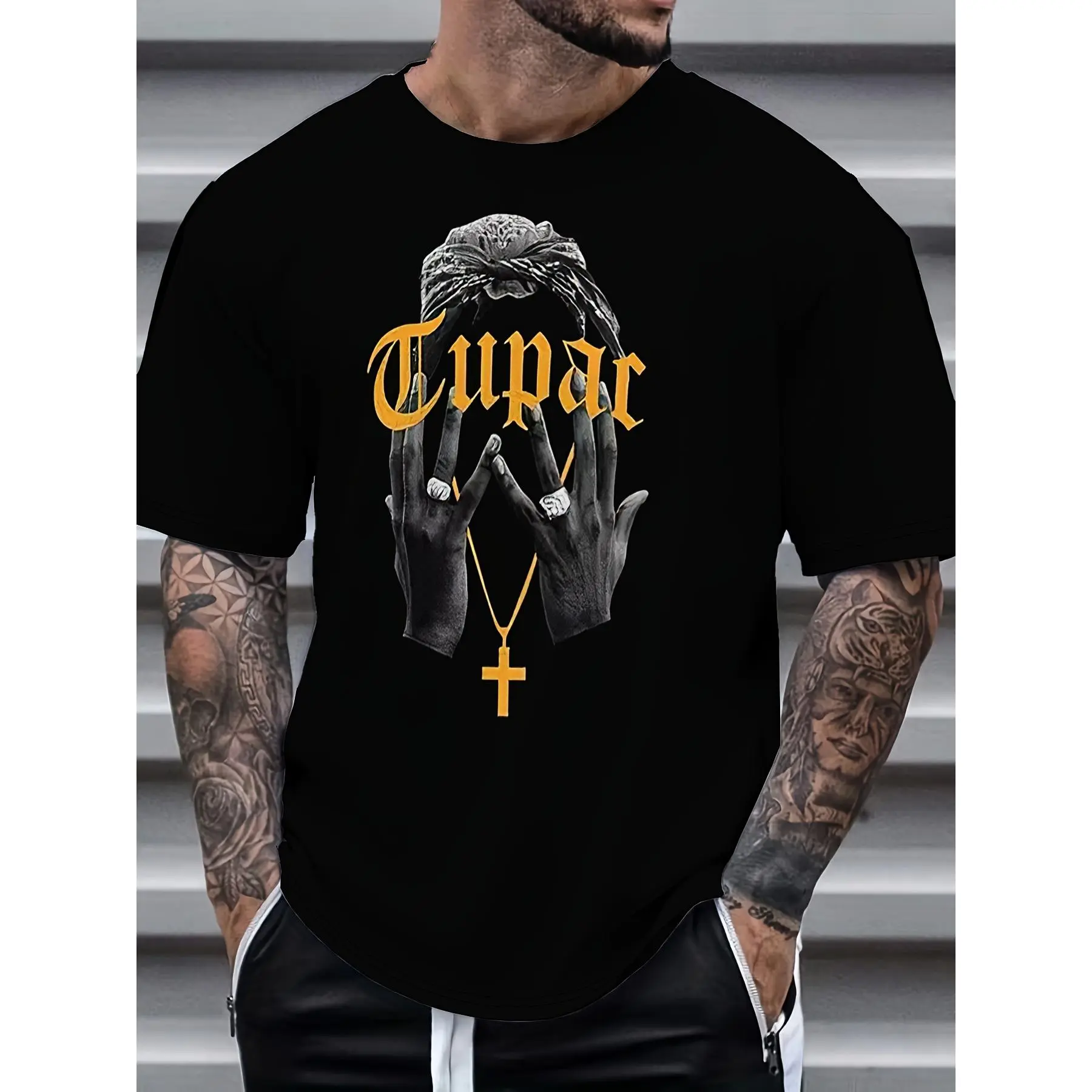 Men's Black Short Sleeve T-Shirt with Bold "TUPAC" Letter Print and Unique Handmade Design - Spring/Summer Outings Casual Crew Neck Polyester T-Shirt