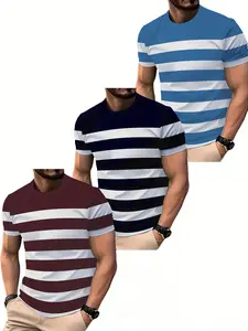 Summer 3-Pack - Men's Streetwear Striped Short Sleeve T-Shirts  Crew Neck Tees with Vertical & Horizontal Stripe Patterns - Casual Breathable Shirts Suitable for Summer Outdoor Activities - Machine Washable 3pcs Pack