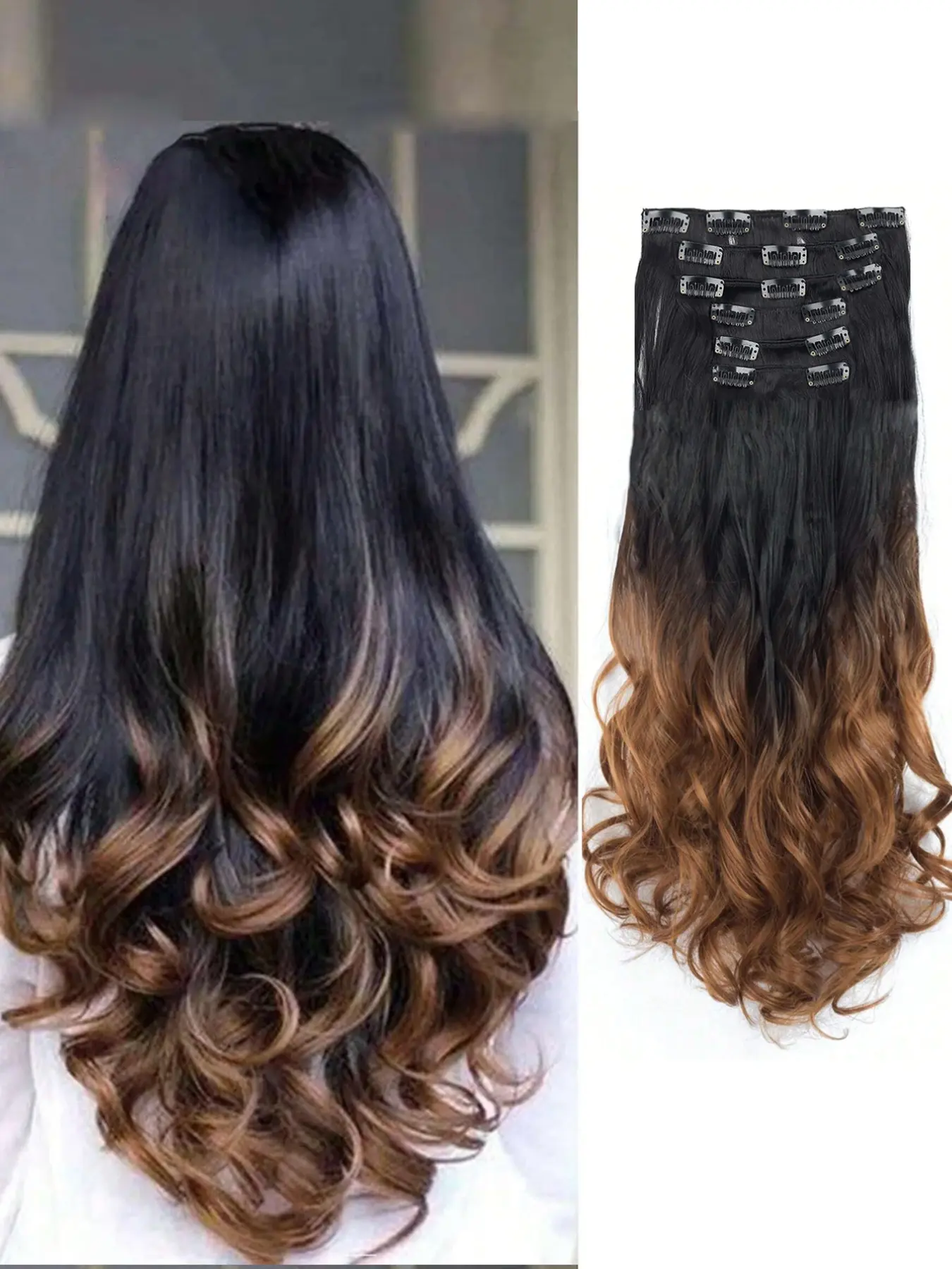 Double Color Gradient 7pcs Set Synthetic Long Wavy Hair Extension, 22 Inches, 16 Clips, Heat Resistant, Festival & Daily Wear, Wavy Synthetic Hairpieces