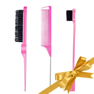 3 Count Comb Set for Teasing Edge and Back Brushing Rat Tail and Edge Combs Hair Stick for Styling Women's Smooth Beauty Products Heatless (Pink)