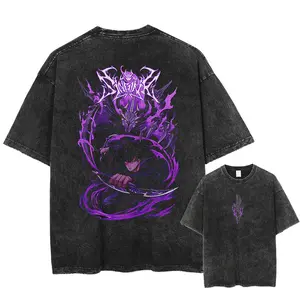 Retro Vintage Sung Jin Woo - Solo Leveling Anime Double Printed Oversized Mineral Washed Unisex T-Shirt Gift For Anime Fan Cotton Fabric anime graphic