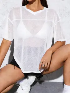 Women's Casual Short Sleeve T-Shirt, Pure Mesh Fabric, V Neck, Regular Fit, No Print Design, Lightweight, Breathable, Summer Essential