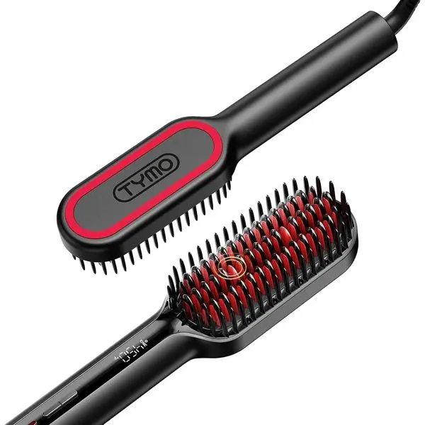 TYMO Hair Straightener Brush Upgraded Ionic Compact Straightening Brush | 1 Billion Ions, Hot Comb, Mini Flat Iron, 16 Temps, Fast, Smooth Styling, Dual Voltage, Black