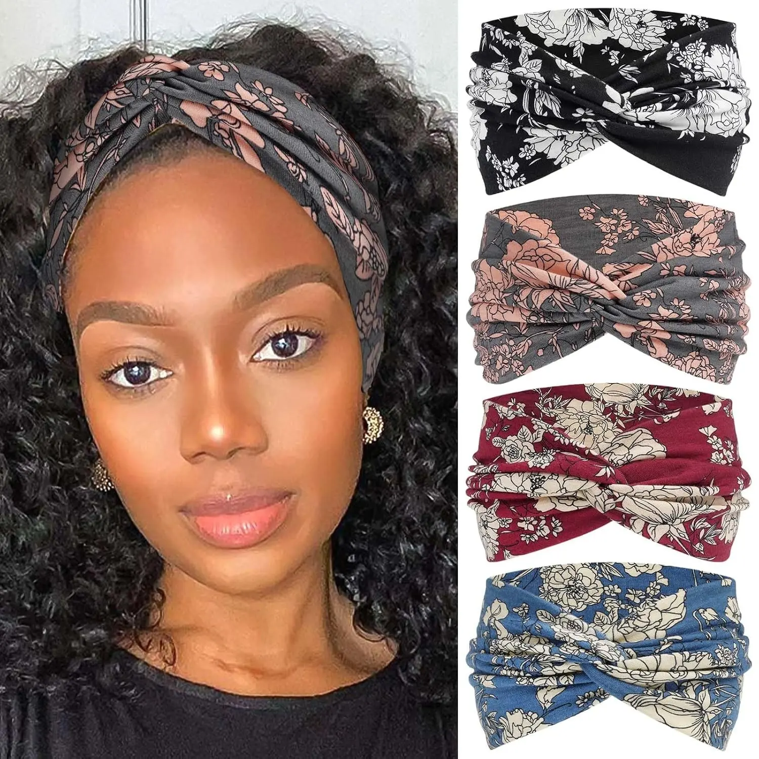 4 Pack Wide Headbands for Women Cute Boho Headband Floral Knotted Turban Head Bands Soft Hair Wraps African Head Scarf Fashion Turban Hairband Large Scarf Headband For Women’s Hair Accessories