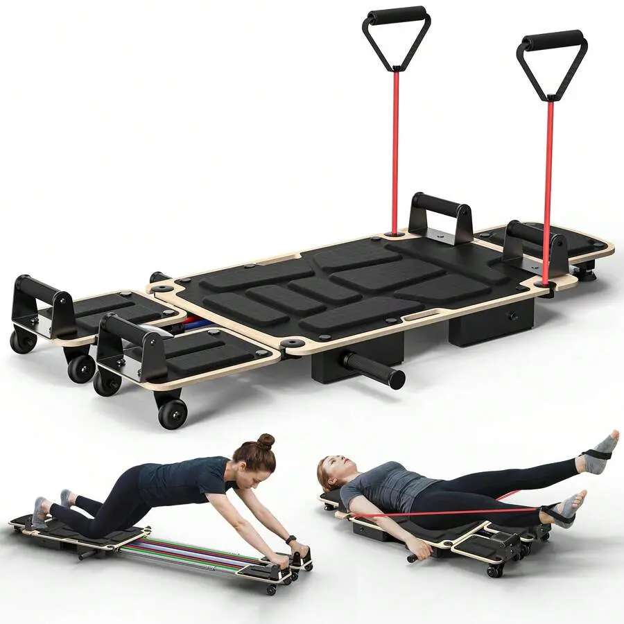 5-in-1 Foldable Pilates Reformer, Yellow Wood Frame for Home Gym Use, Compact Design with Resistance Bands for Versatile Core Training, Resistance Band Workout, Home Workout, Home Gyms