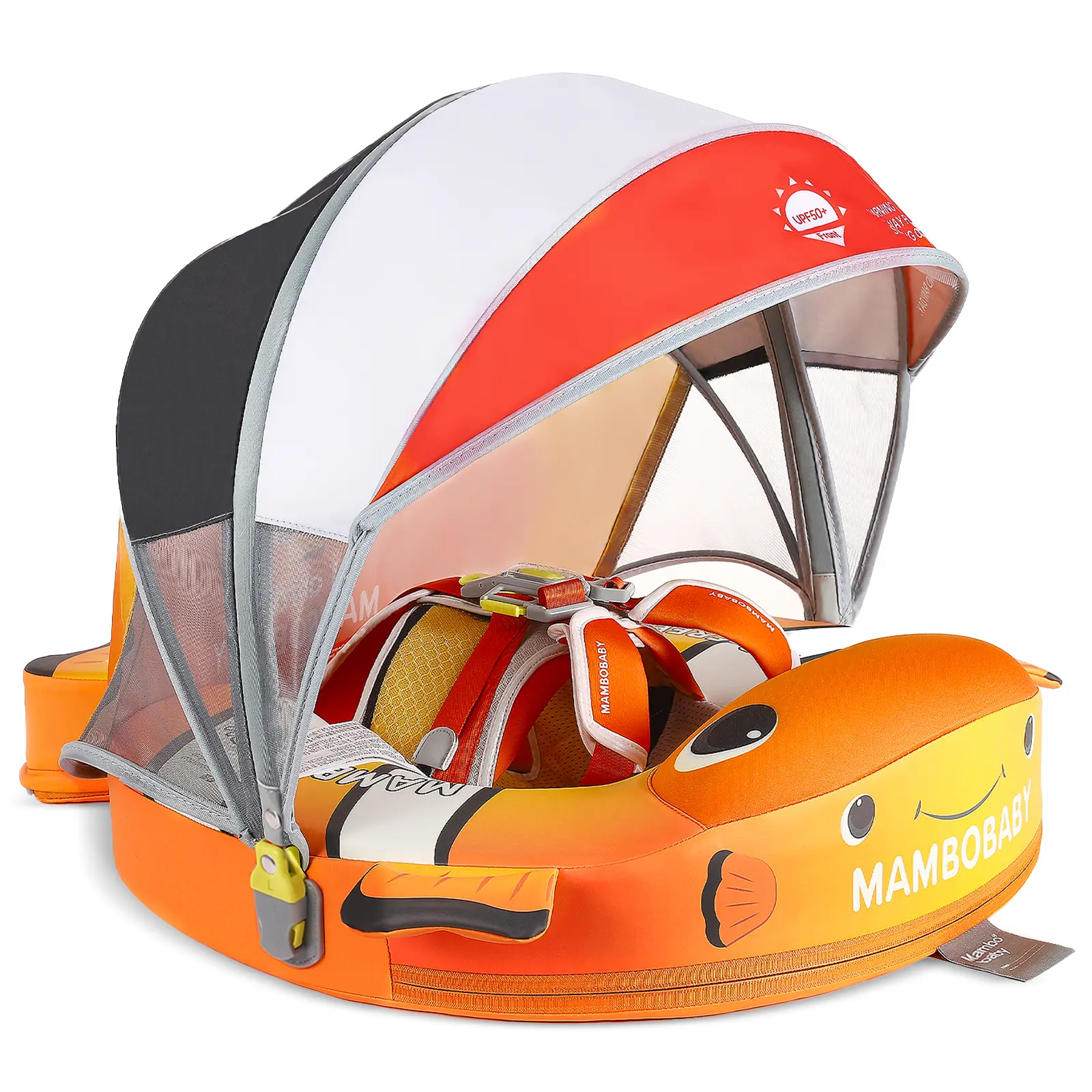 Mambobaby Unisex Non-Inflatable 3D Baby Pool Floater for 3-24 Months, Detachable 3D Sun Canopy, UPF 50+ Sun Protection, Leak-Proof Quick-Dry PU Shell, Pearl Foam Safe Seat-Tail Support, Soft Skin Contact Water Toy, Camping Essential