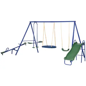 5-in-1 Backyard Swing Set, Outdoor Heavy-Duty A-Frame Playset with 29.5" Saucer Swing, Slide, Teeter-Totter, Glider, 693 Lbs Load Capacity, Blue (for Home Improvement & Garden Use)