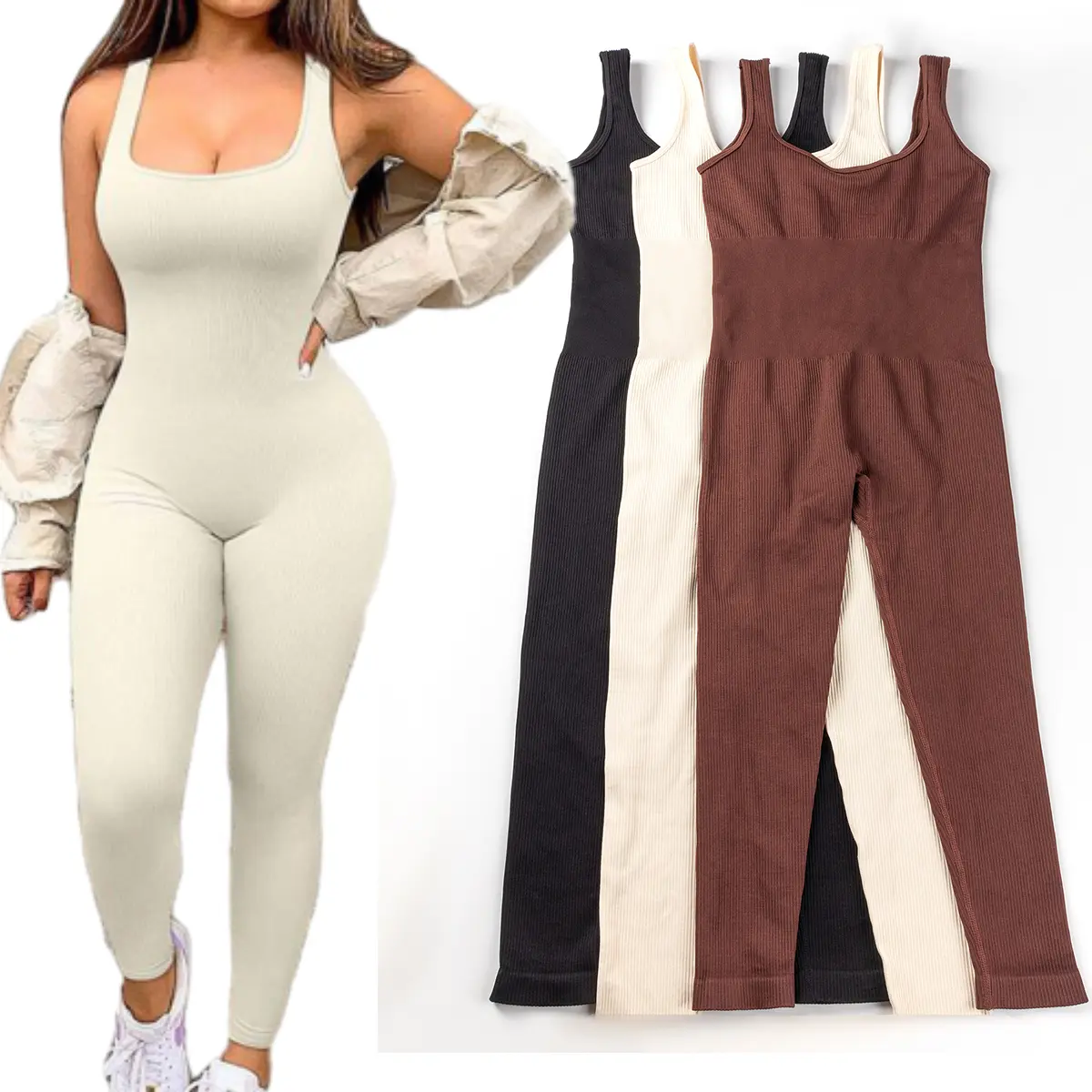 Women's Solid Color Ribbed Workout Jumpsuit - Round Neck Sleeveless Skinny Sporty Comfy Activewear, Yoga Suit, Gym Stuff