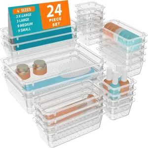 24 PCS Clear Plastic Drawer Organizer Set, 4 Sizes Desk Drawer Organization and Storage Containers for Makeup, Cosmetics, Jewelry and Gadgets in Kitchen, Bathroom, Bedroom, Office, Clear