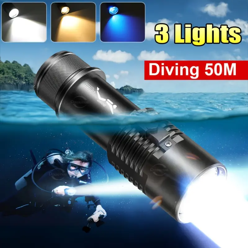 Rechargeable Dive Light - Polished Aluminum Alloy LED Flashlight for Scuba Diving, 1000-3000 Lumen, Yellow & Blue Beams, 50m Waterproof