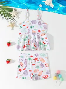 Teen Girls Summer Beachwear Set, Shell Ocean Animal Print Thin Strap Ruffle Hem Sleeveless Crop Top & Shorts, Vacation Style Swimsuit Swimwear Sets