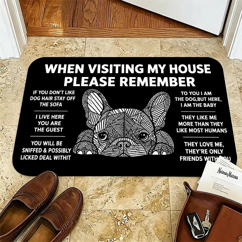 Rustic Funny Slogan French Bulldog Doormat - "When Visiting My House Please Remember" Dog Rules, Tech & Non-Woven Fabric, Anti-Shrink, Durable, Lightweight, Machine Washable Indoor Diatom Mud Household Mat, Ideal Gift for Dog Lovers, 16*24In, Tech Fabric