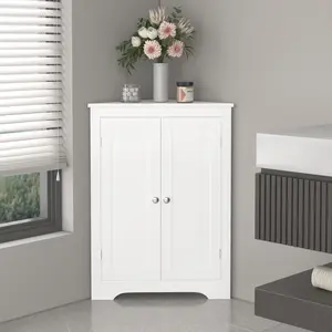 Floor Corner Cabinet with 2 Doors and Adjustable Shelves, Freestanding Narrow Cabinet Organizer, Corner Storage Cabinets for Bathroom, Kitchen, Living Room, or Bedroom, White    RR