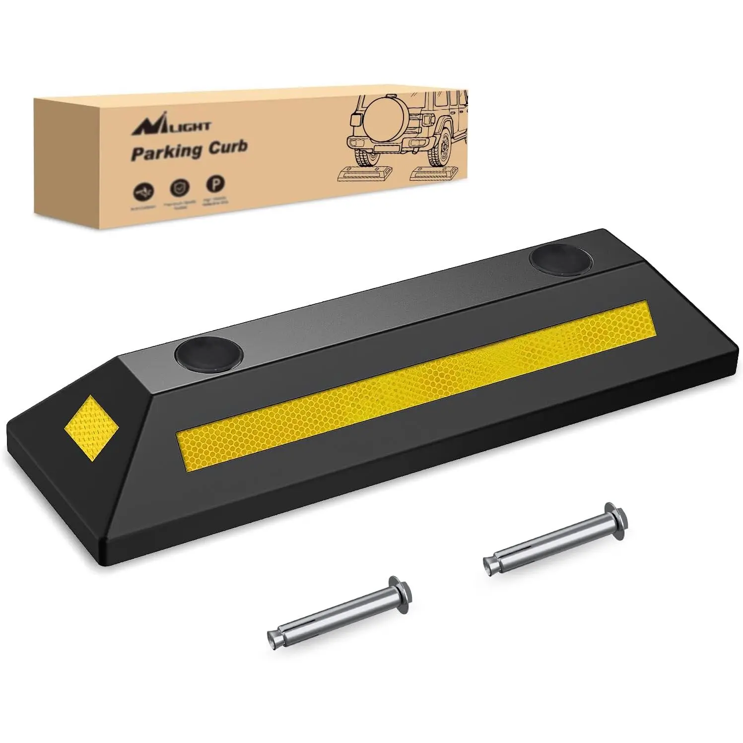 Nilight Heavy Duty Rubber Parking Curb - 22"x6.3"x3.7" Wheel Stopper with Pre-Punched Holes & Safety Strips, 1-Pack Garage Driveway Parking Aid