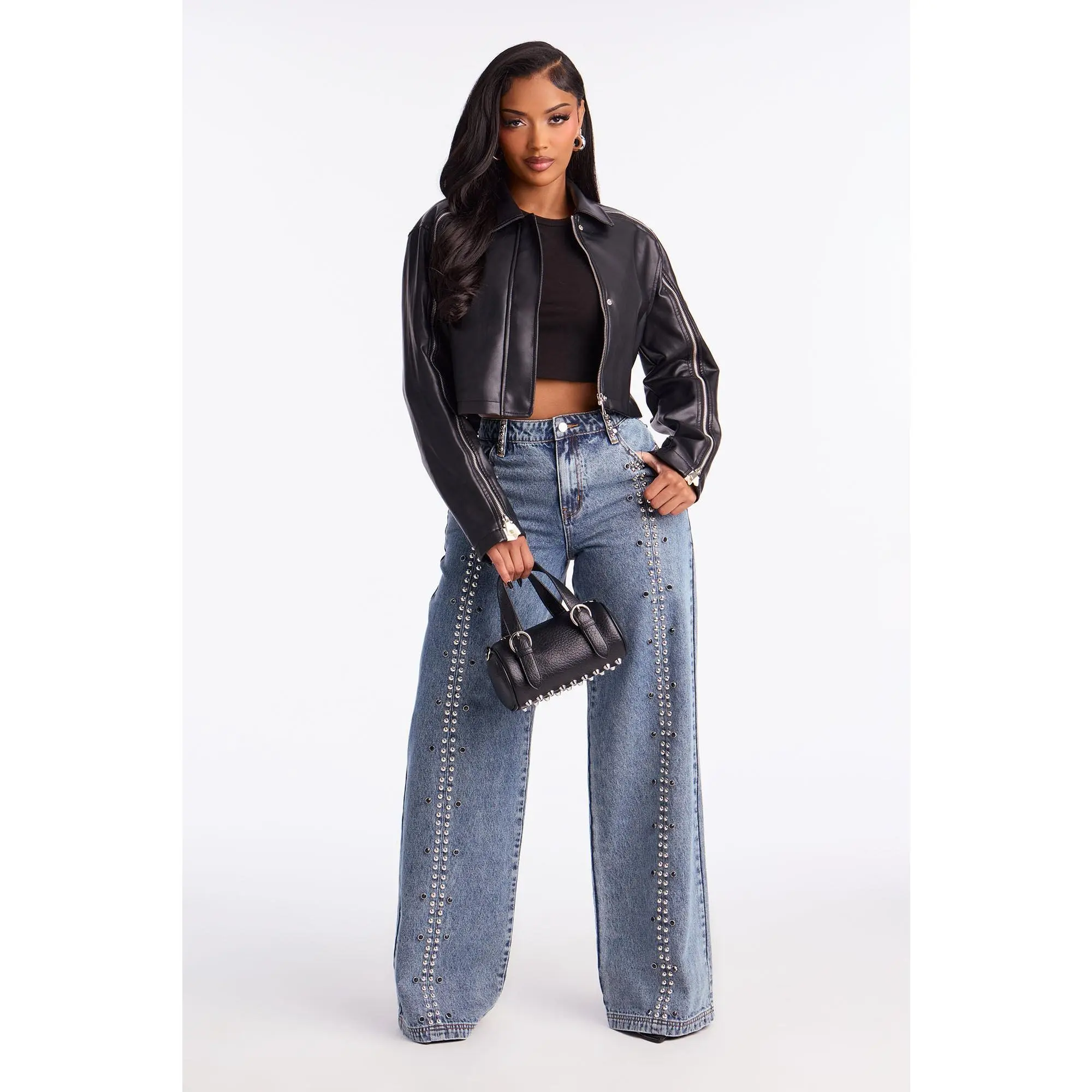 Hollywood Studded Wide Leg Jeans - Light Blue Wash