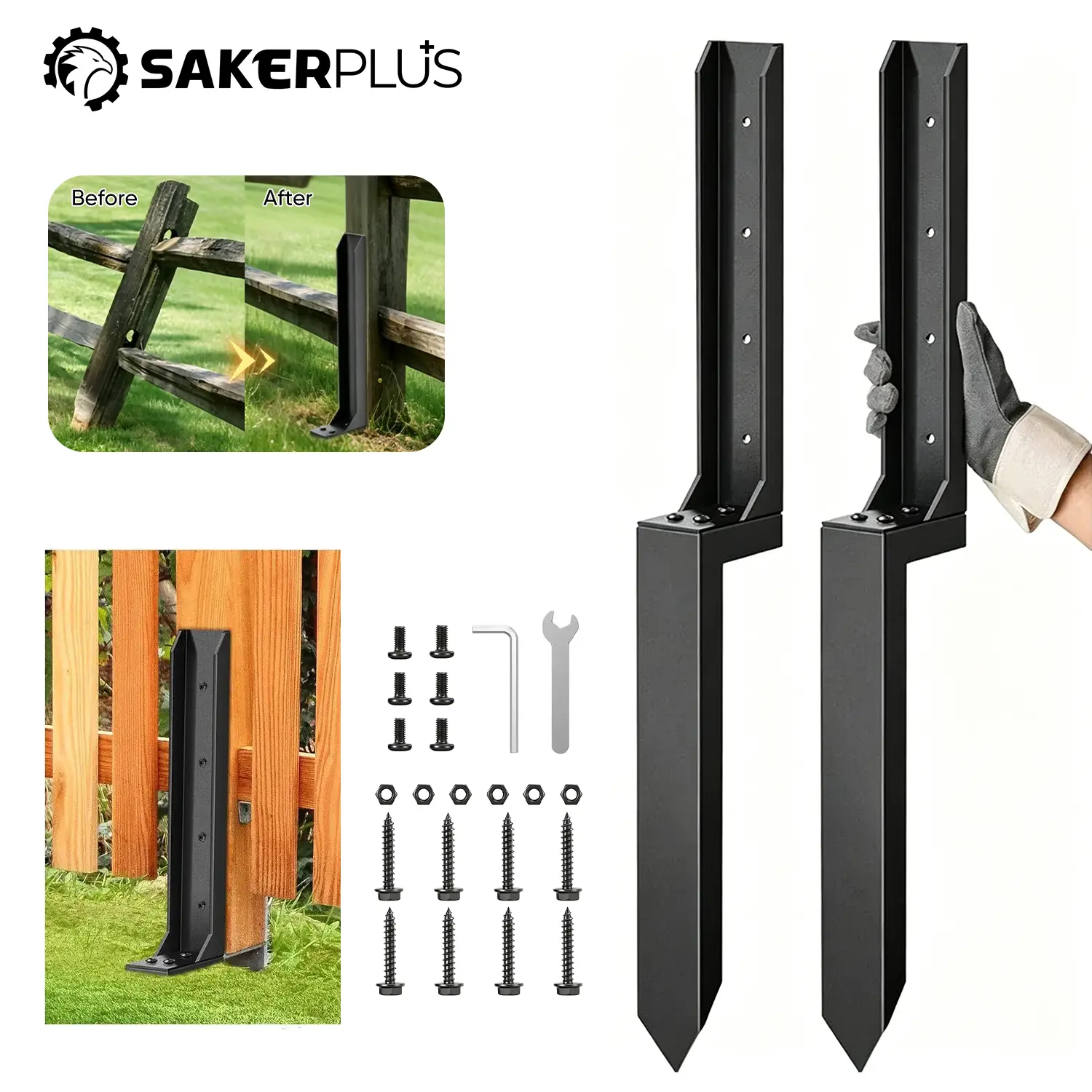 Saker Fence Post Repair Kit Reinforced Super Strong Fixation for Home Use with Additional Screws and Tools
