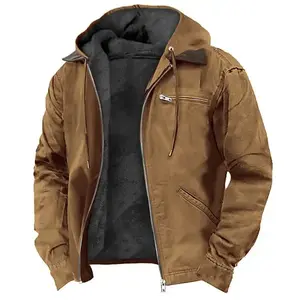 Solid Color Hooded Cotton Jacket Casual Men's Fleece Zipper Pocket Jacket Coat Menswear Tops Beige Long Sleeve