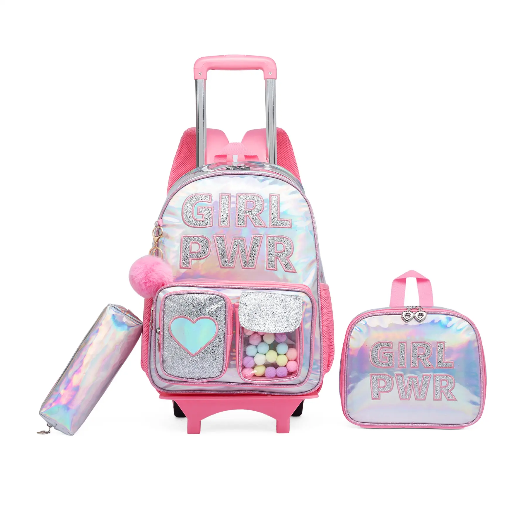 Girl's Chic Sweet Graphic Rolling Backpack & Lunch Box Set - Waterproof Nylon School Bag with Smooth Rolling Wheels, Built-in Organizer, Dustproof, Scratchproof