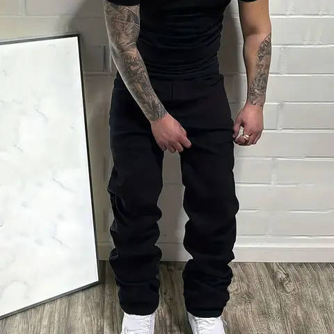 Men's Fitted Casual Solid Color Jeans, Elastic Straight Leg Pants with Slant Pockets, Soft Cotton Fabric for All Seasons, Casual Denim Clothing