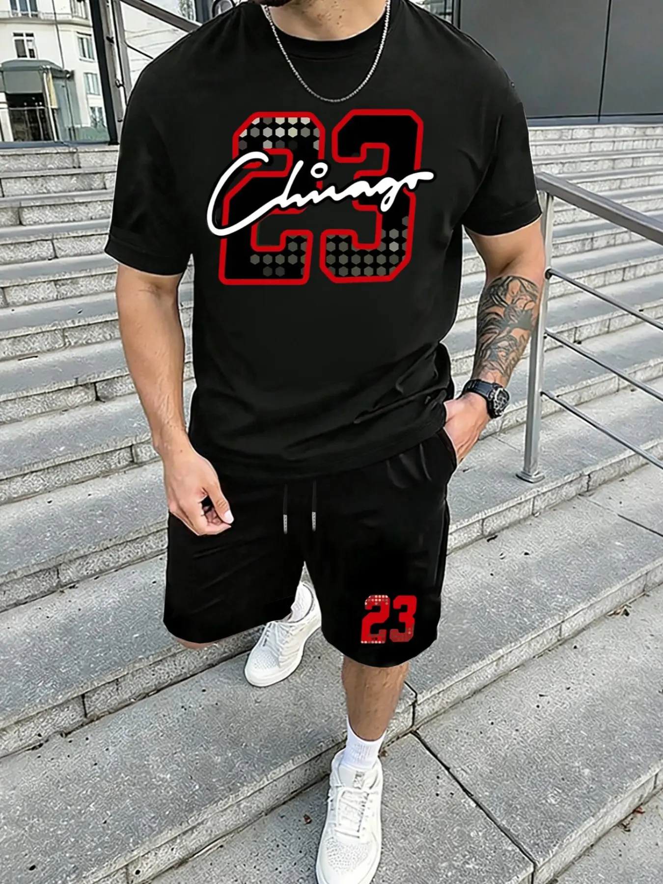 Men's Chicago 23 Graphic Two-Piece Tracksuit - Casual Soft Breathable Black Round Neck T-Shirt & Shorts Set with Checkered "23" Print, Elastic Waist Drawstring Shorts for Basketball Fans & Street Style, Streetwear Clothes